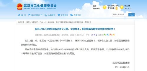 武汉市1月12日抽检和监测多个环境 食品样本,新冠病毒核酸检测结果均为阴性